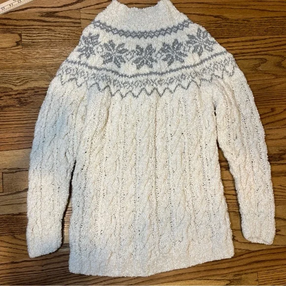 90s Jones New York Hand Knit Sweater S Ivory Gray Fair Isle Fisherman Wool Blend - Picture 7 of 8